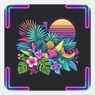 Buntes Neon Tropisch/Hawaiianisch Quadratischer Aufkleber