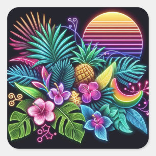 Buntes Neon Tropisch/Hawaiianisch Quadratischer Aufkleber