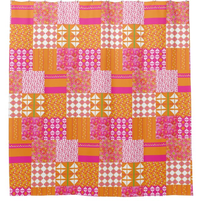 Buntes orange-pinkfarbenes Blumen-Patchwork-Duschv Duschvorhang (Vorderseite)