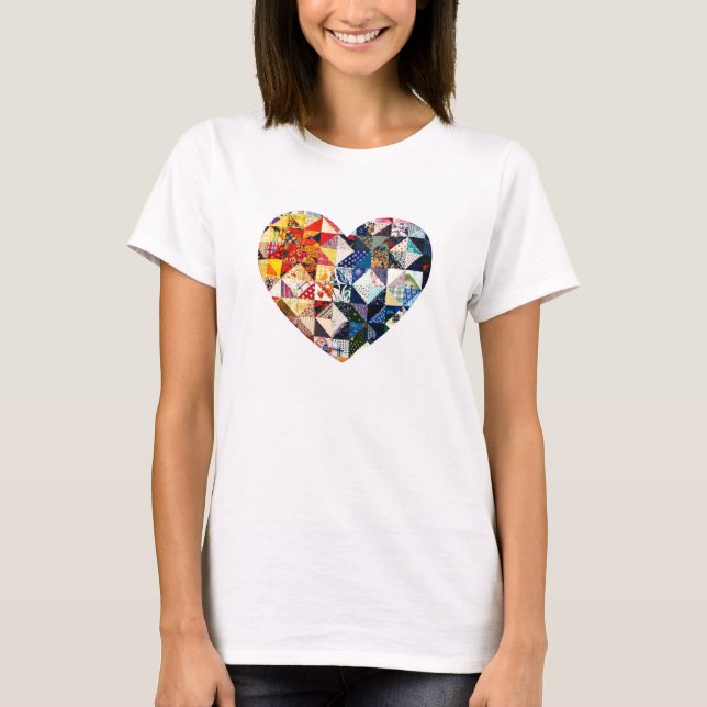 Buntes Patchwork-Steppdecken-Herz T-Shirt (Vorderseite)