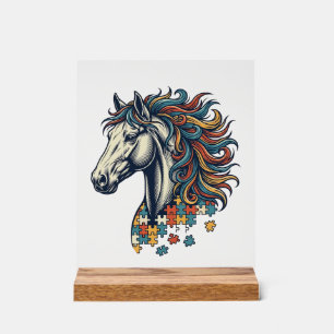 Buntes Pferd-Puzzleteil Vintage-Stich T-Shirt Acrylschild