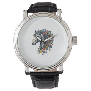 Buntes Pferd-Puzzleteil Vintage-Stich T-Shirt Armbanduhr