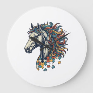 Buntes Pferd-Puzzleteil Vintage-Stich T-Shirt Große Wanduhr