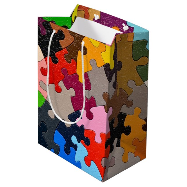 buntes Puzzle Mittlere Geschenktüte (Rückseite Schrägansicht)