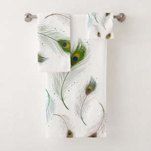 Buntes realistisches Pfau-Feder-Muster Badhandtuch Set
