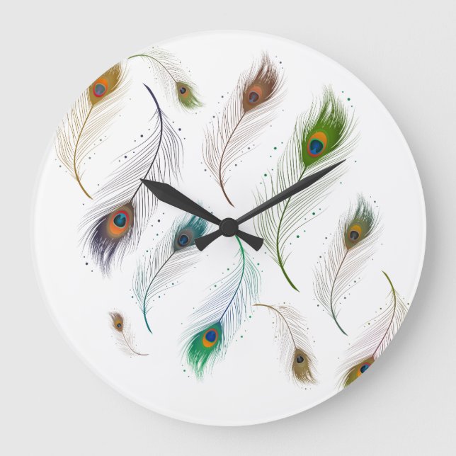 Buntes realistisches Pfau-Feder-Muster Große Wanduhr (Vorderseite)