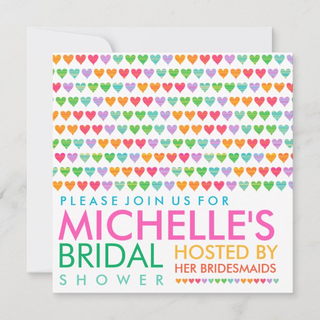 Buntes Regenbogen-Liebe-Herz-Brautparty laden ein Einladung (Vorderseite)