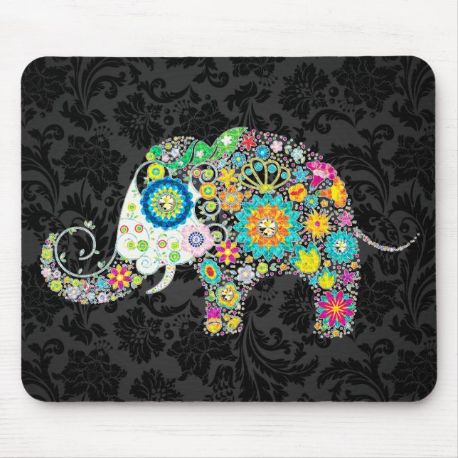 Buntes Retro-Blumenmuster-Elefant Mousepad (Vorne)