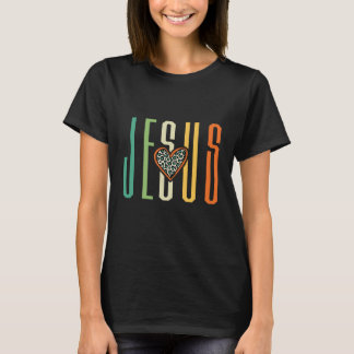 Buntes Retro-JESUS-Leoparden-Herz-Christliches Des T-Shirt