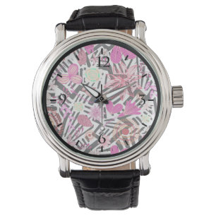 Buntes schickes Schwarz-Weiß-Blumenmuster Armbanduhr