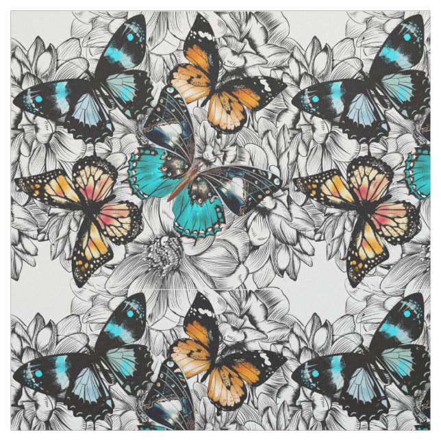 Buntes Skizzemuster der Blumenschmetterlinge Stoff (Muster)