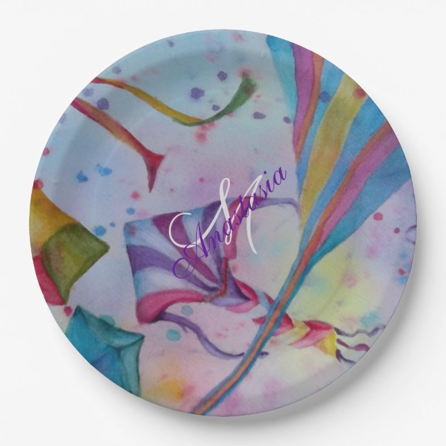 BUNTES SPASS-FLIEGEN-DRACHEN-MONOGRAMM-PARTY PAPPTELLER (Vorderseite)