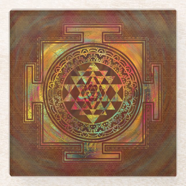 Buntes Sri Yantra/Sri Chakra Glasuntersetzer (Vorderseite)