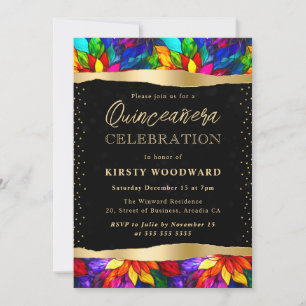 Buntes und goldenes Buntglas Quinceanera Einladung