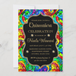 Buntes und goldenes Buntglas-Quinceanera Einladung