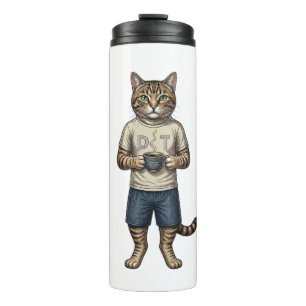 Buntes Vintage-Katze trinkt Kaffee Retro-Tier Thermosbecher