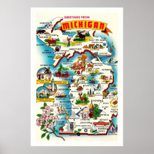 Buntes Vintage-Michigan-Kartenposter-Druck Poster