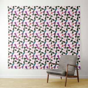 Buntes Vogel Blumen Nahtloses Muster Wandteppich