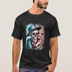 Buntes Wasserfarben-Skelett-umarmendes-Katze T-Shirt