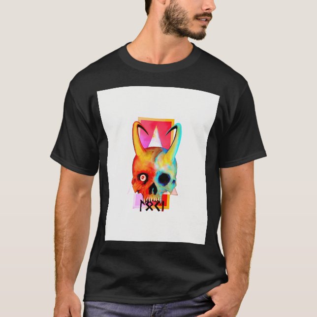 Buntes Wikinger-Schädel mit Loki-Runen T-Shirt (Vorderseite)