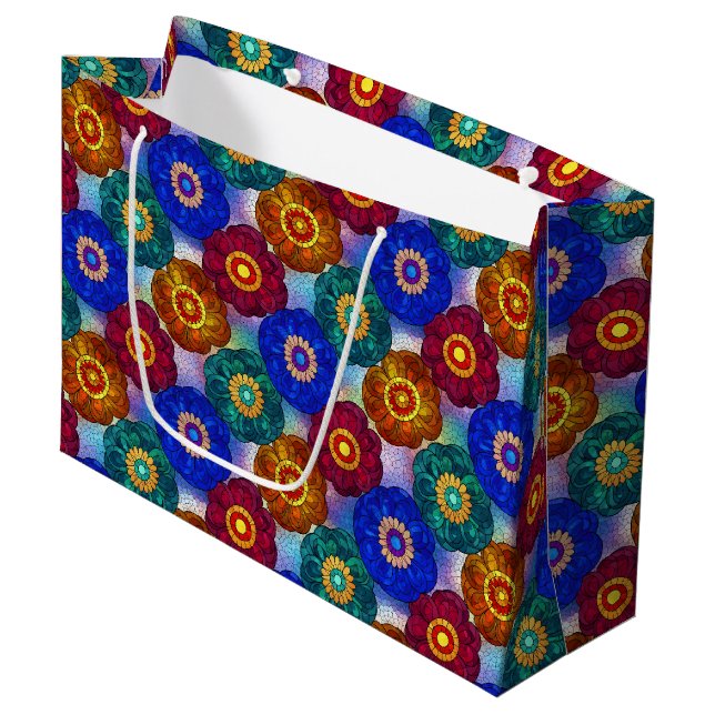 Buntglas abstrakt Rot Grün Blau Orange Große Geschenktüte (Vorderseite Schrägansicht)
