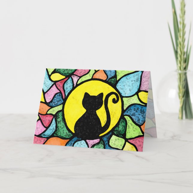 Buntglas-Aquarell-Schwarz-Miezekatze-Gruß-Karte Karte (Vorderseite)