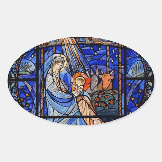 Buntglas-Art-Geburt Christi Ovaler Aufkleber (Vorderseite)