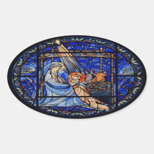 Buntglas-Art-Geburt Christi Ovaler Aufkleber