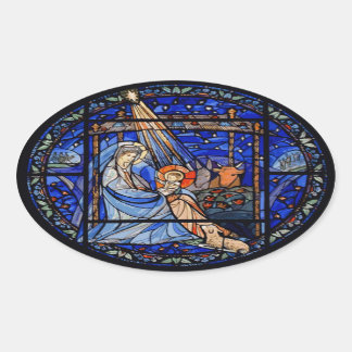 Buntglas-Art-Geburt Christi Ovaler Aufkleber
