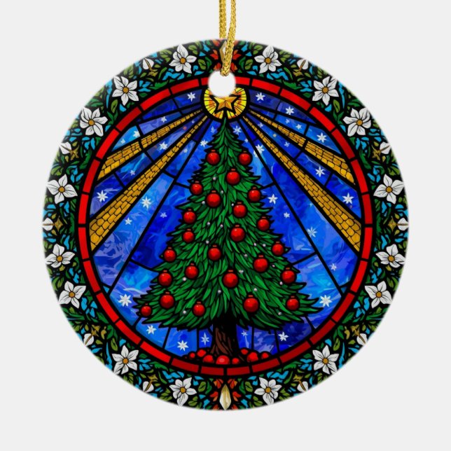 Buntglas-Baum & Blumenrand Keramik Ornament (Vorne)