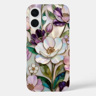 Buntglas-Blumen-iPhone-Hülle Weiß Lila Gold iPhone 16 Hülle