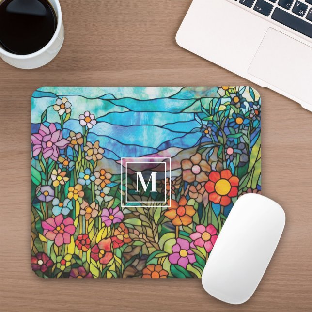 Buntglas-Blumengarten-Monogramm-Mauspad Mousepad (Von Creator hochgeladen)