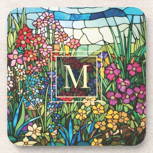 Buntglas-Blumengarten-Monogramm-Untersetzer-Set Getränkeuntersetzer (Vorderseite)