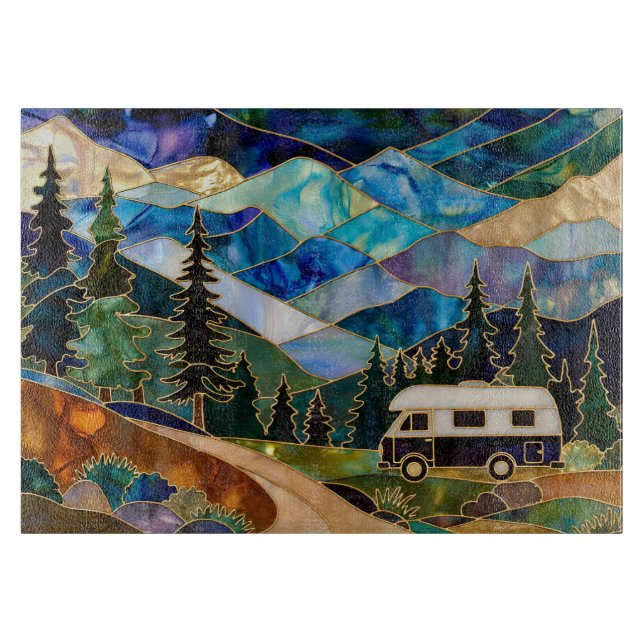 Buntglas-Camper-Berglandschaft Schneidebrett (Vorderseite)