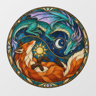 Buntglas-Drache-Fuchs-Sonne-Mond Fensteraufkleber