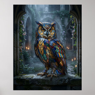 Buntglas-Eule Mondlicht Poster