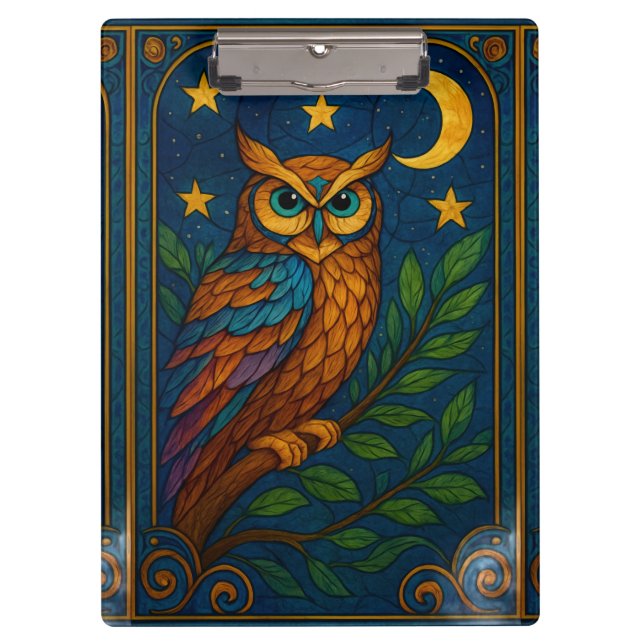 Buntglas-Eule unter Mond und Sternen Klemmbrett (Vorderseite)
