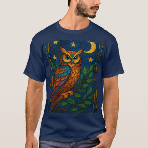 Buntglas-Eule unter Mond und Sternen T-Shirt