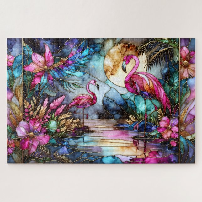 Buntglas-Flamingo-Mondgarten Puzzle (Horizontal)