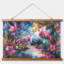 Buntglas-Flamingo-Mondgarten Wandteppich Mit Holzrahmen