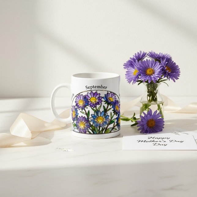 Buntglas-Geburtsblume September Aster Name Kaffeetasse (Von Creator hochgeladen)