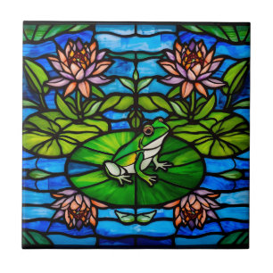 Buntglas Grüner Frosch und Wasserlilien-Blumen  Fliese