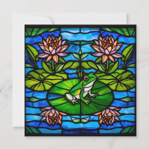 Buntglas Grüner Frosch und Wasserlilienblüten Karte