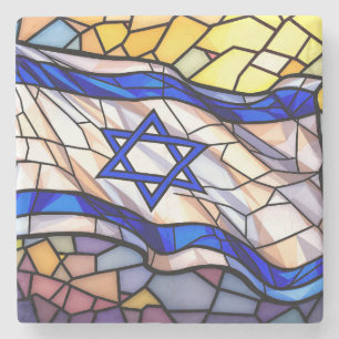 Buntglas-Israel-Flagge-Mosaik-Judaica-Kunst Steinuntersetzer