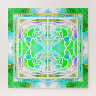 Buntglas-Kathedralenfenster in kühlem Mintgrün Puzzle