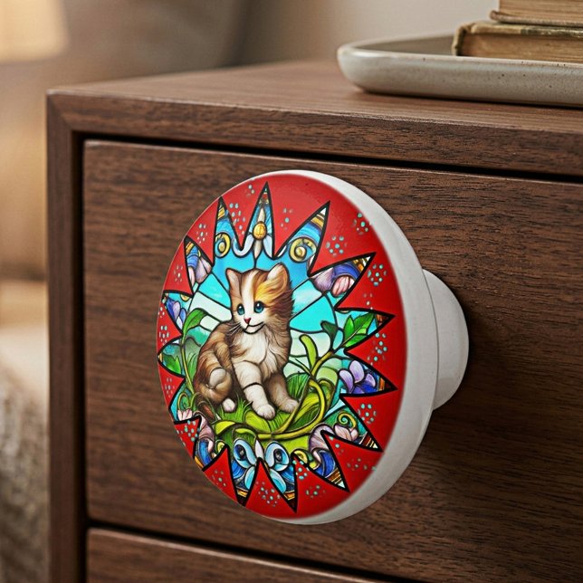 Buntglas-Kätzchen-Blumenmuster Keramikknauf (Colorful artistic ceramic drawer  knob featuring a leaded glass inspired design with cute kitten)