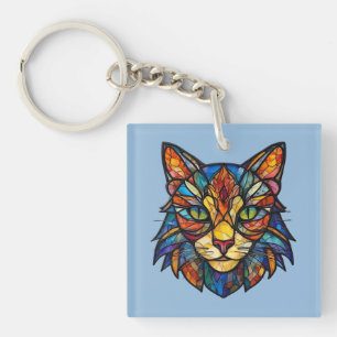 Buntglas Katze Detailliertes Gesicht Schlüsselanhänger