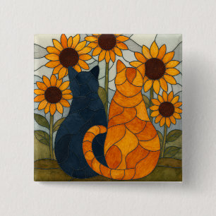 Buntglas-Katzen und Sonnenblumen-Kunstdesign Button
