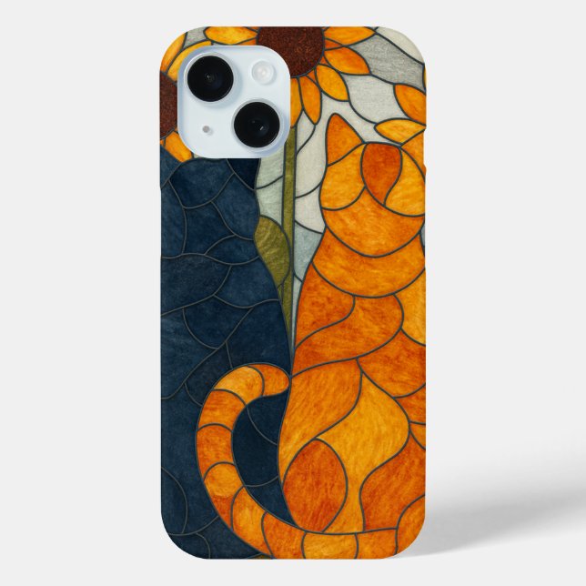 Buntglas-Katzen und Sonnenblumen-Kunstdesign Case-Mate iPhone Hülle (Rückseite)