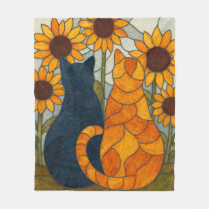 Buntglas-Katzen und Sonnenblumen-Kunstdesign Fleecedecke